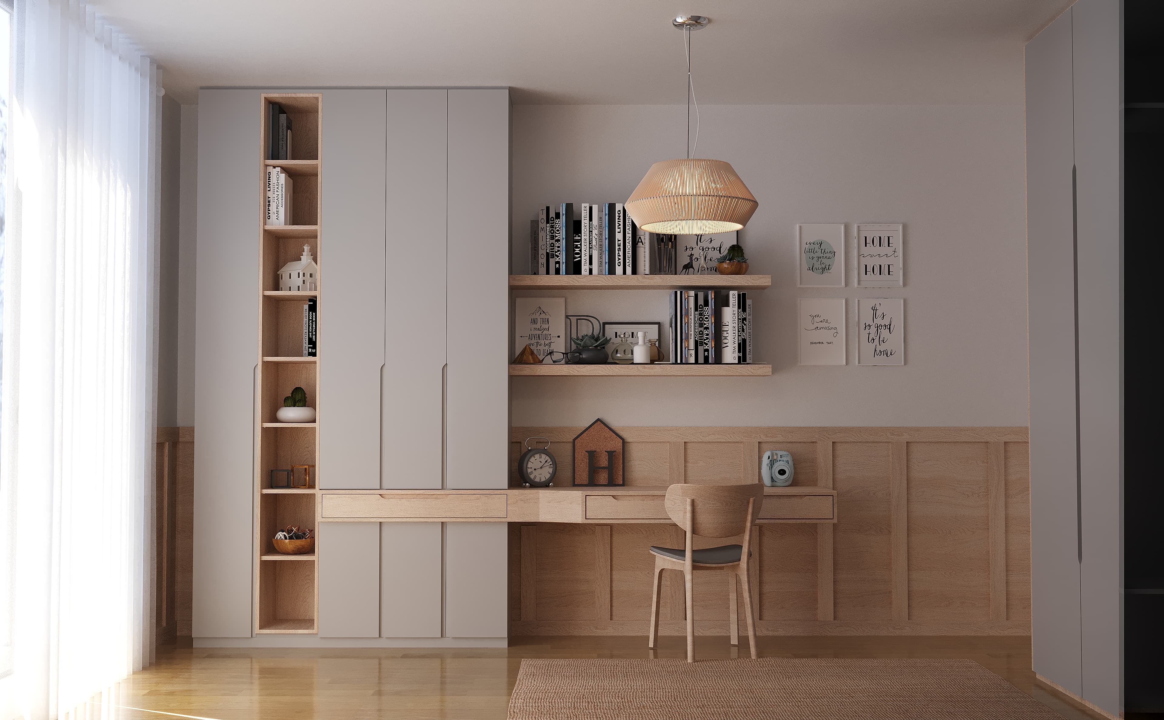 Girl's study room with oak desk, bookshelves and wall art