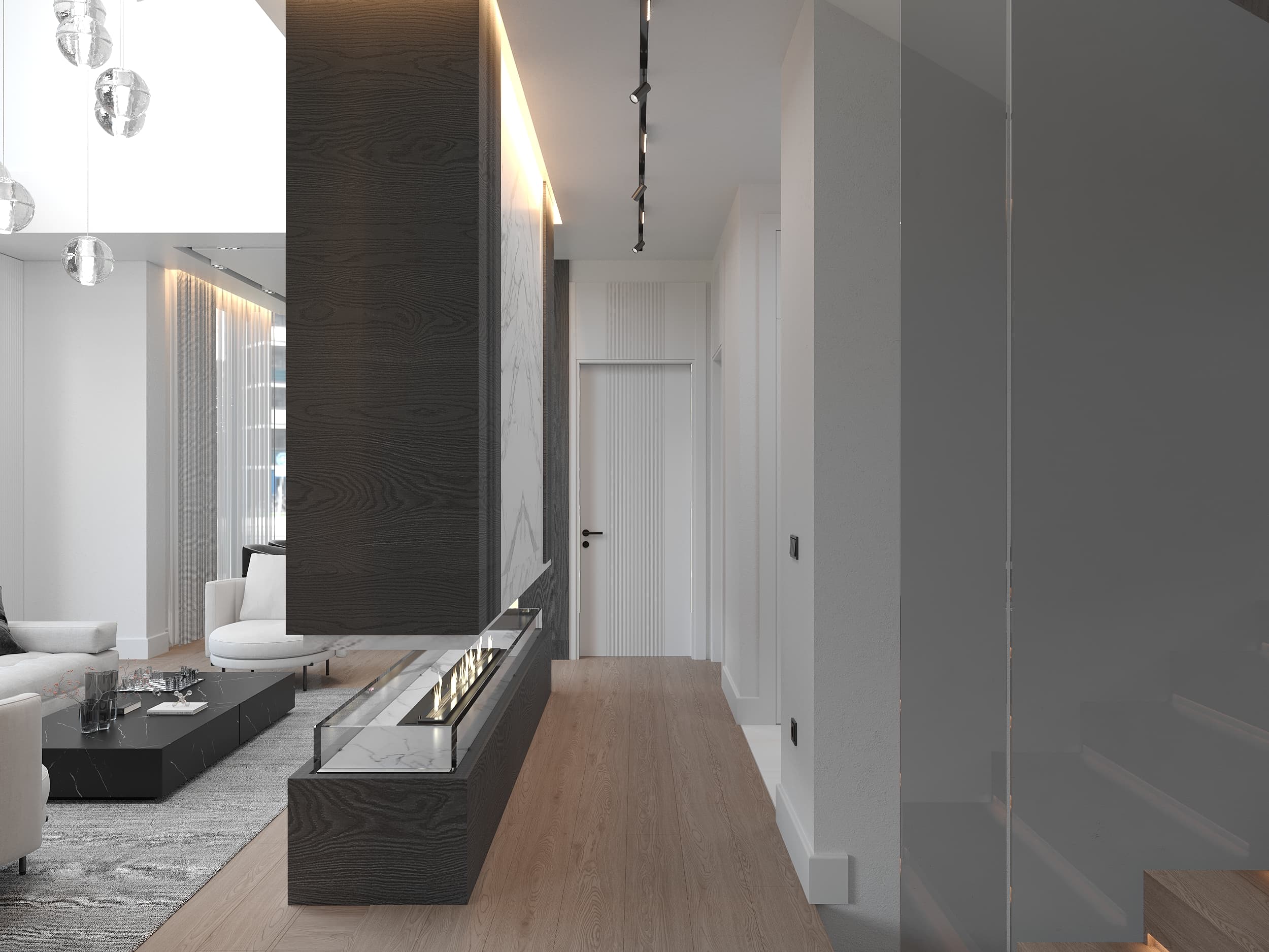 Corridor with dark oak linear fireplace divider and glass staircase railing