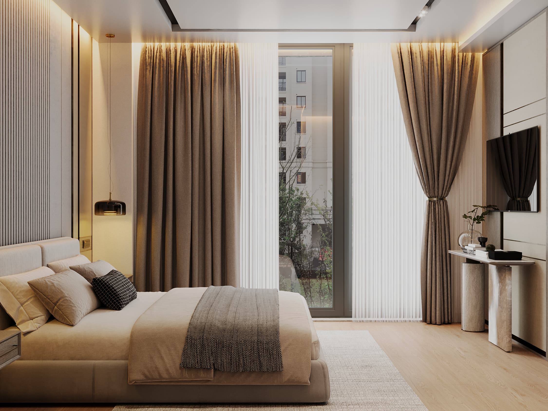 Bedroom with floor-to-ceiling curtains and vanity desk by the window