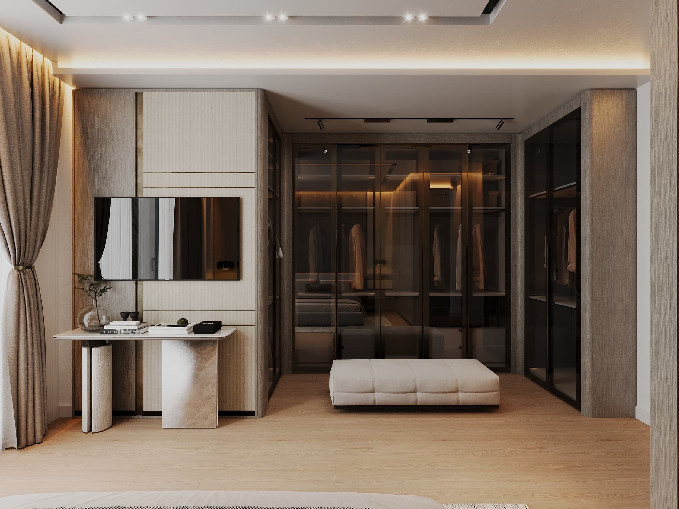 Bedroom with vanity desk, TV panel, and glass walk-in wardrobe