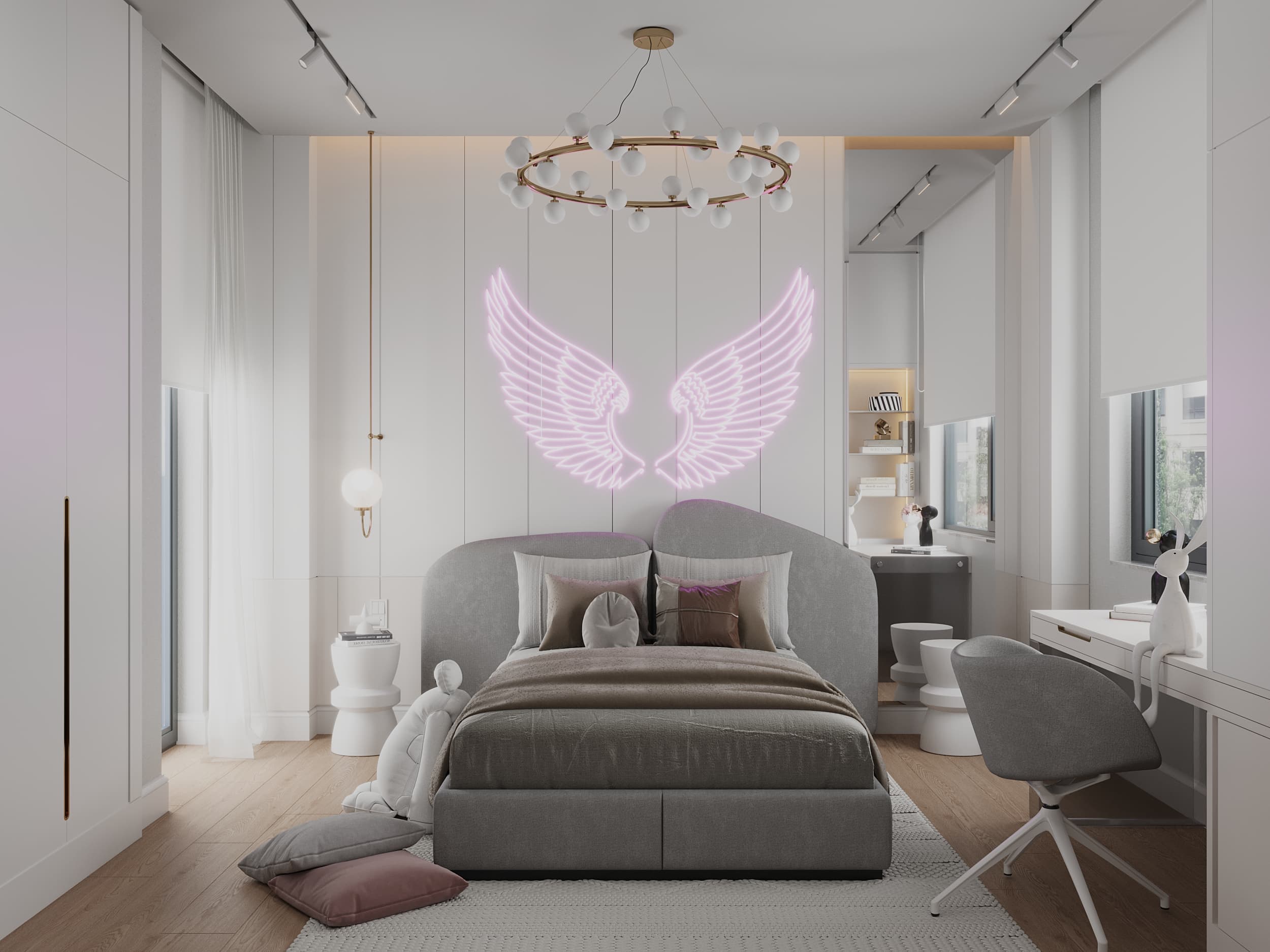 Girl's bedroom with pink neon angel wings above grey upholstered bed