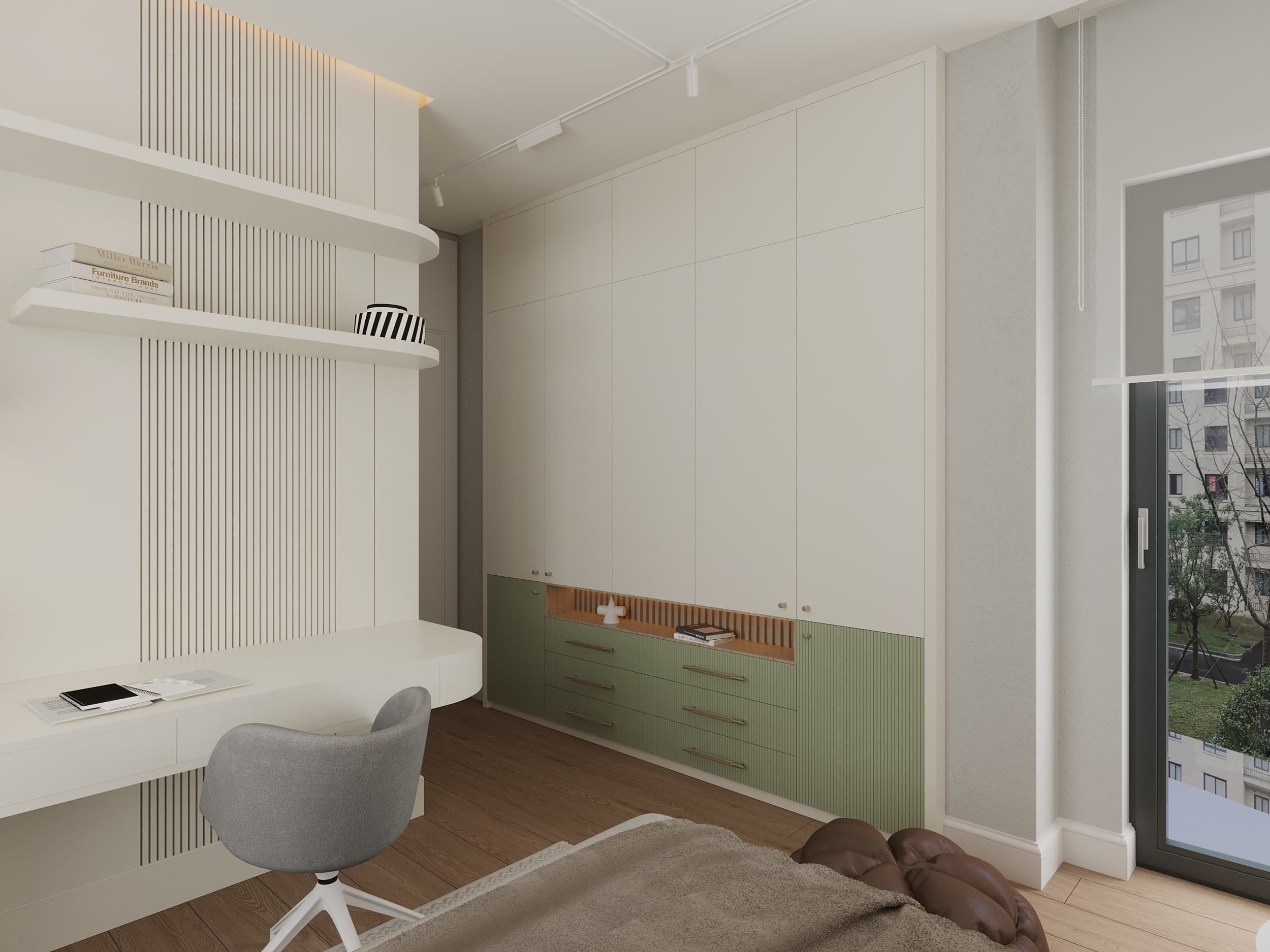 Same room showing green-drawer wardrobe and white slatted shelving