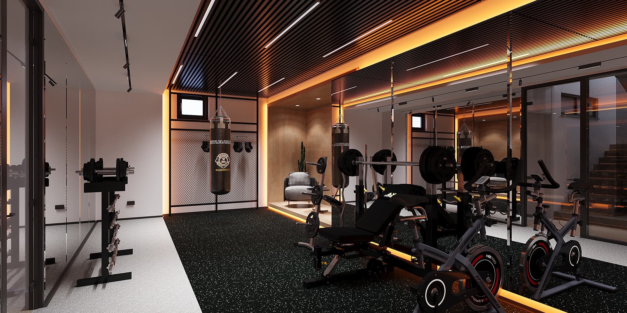 Gym wide view with cardio equipment, weights, and wood-slatted ceiling