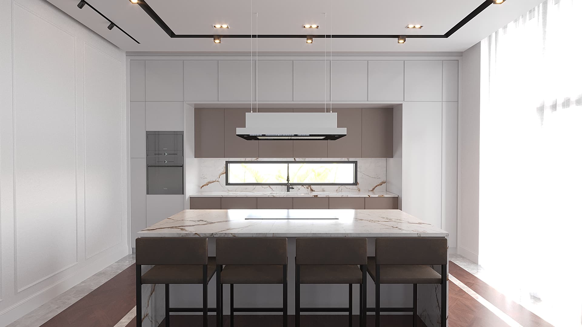 Modern kitchen with marble island, bar stools, and pendant range hood