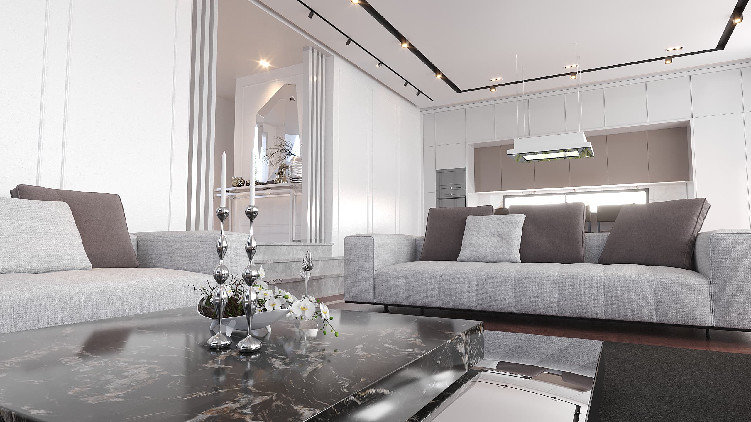 Living room detail with marble coffee table, silver candlesticks, and orchid