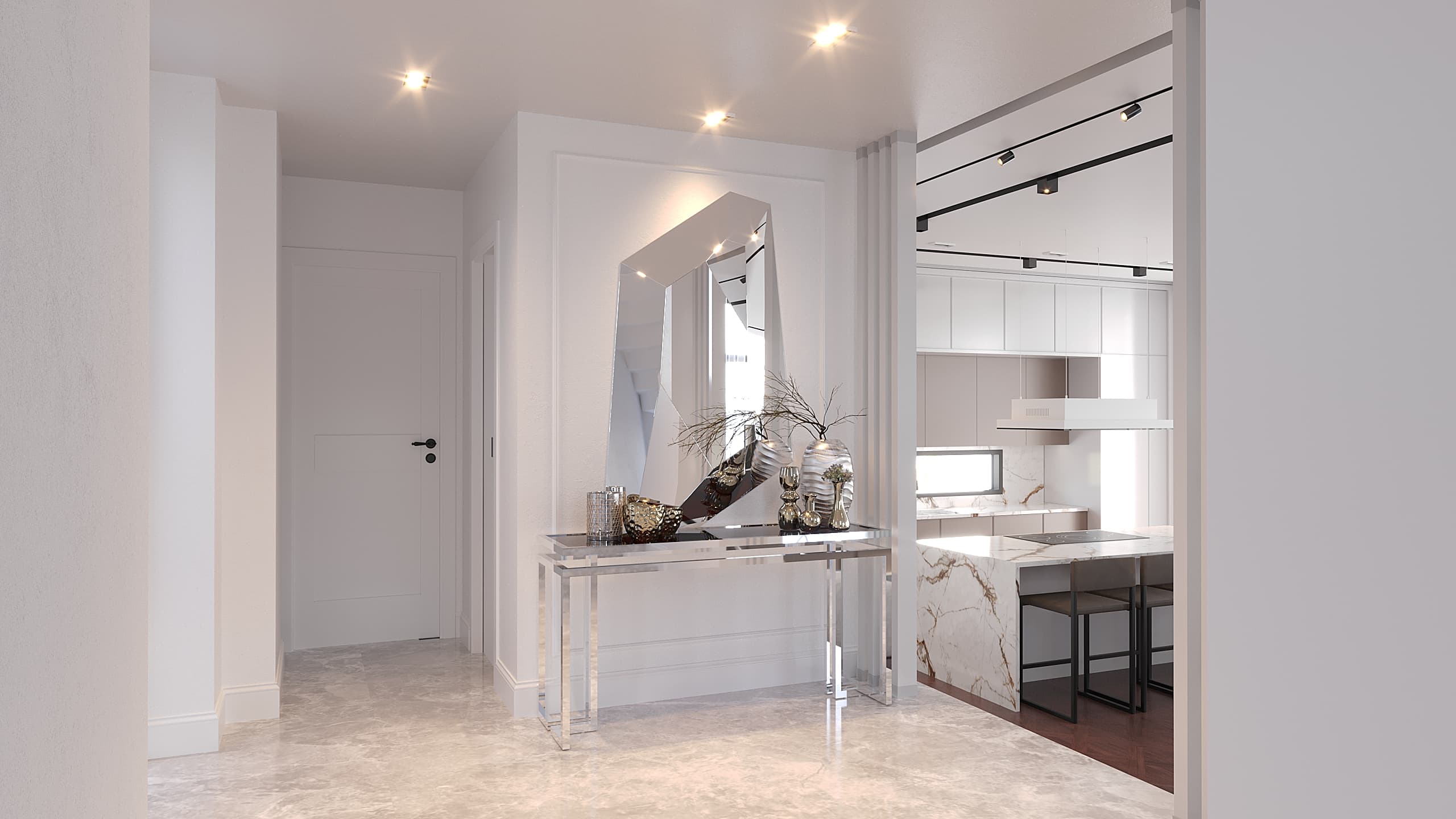 Entryway with faceted mirror, chrome console table, and decorative vases