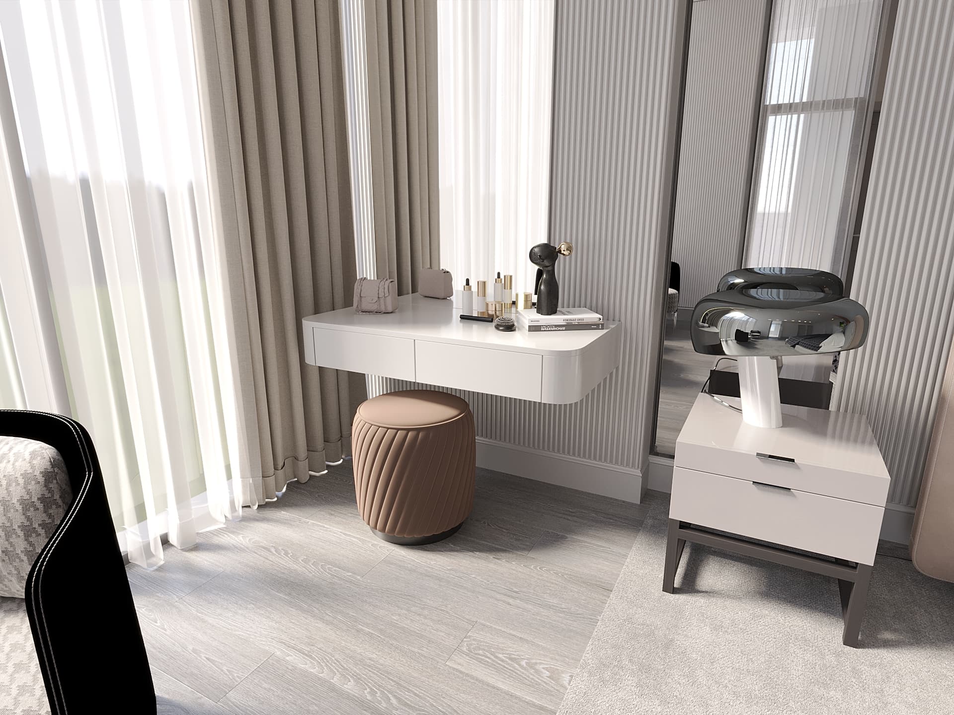 Vanity desk close-up with ribbed pouf, full-length mirror, and chrome lamp