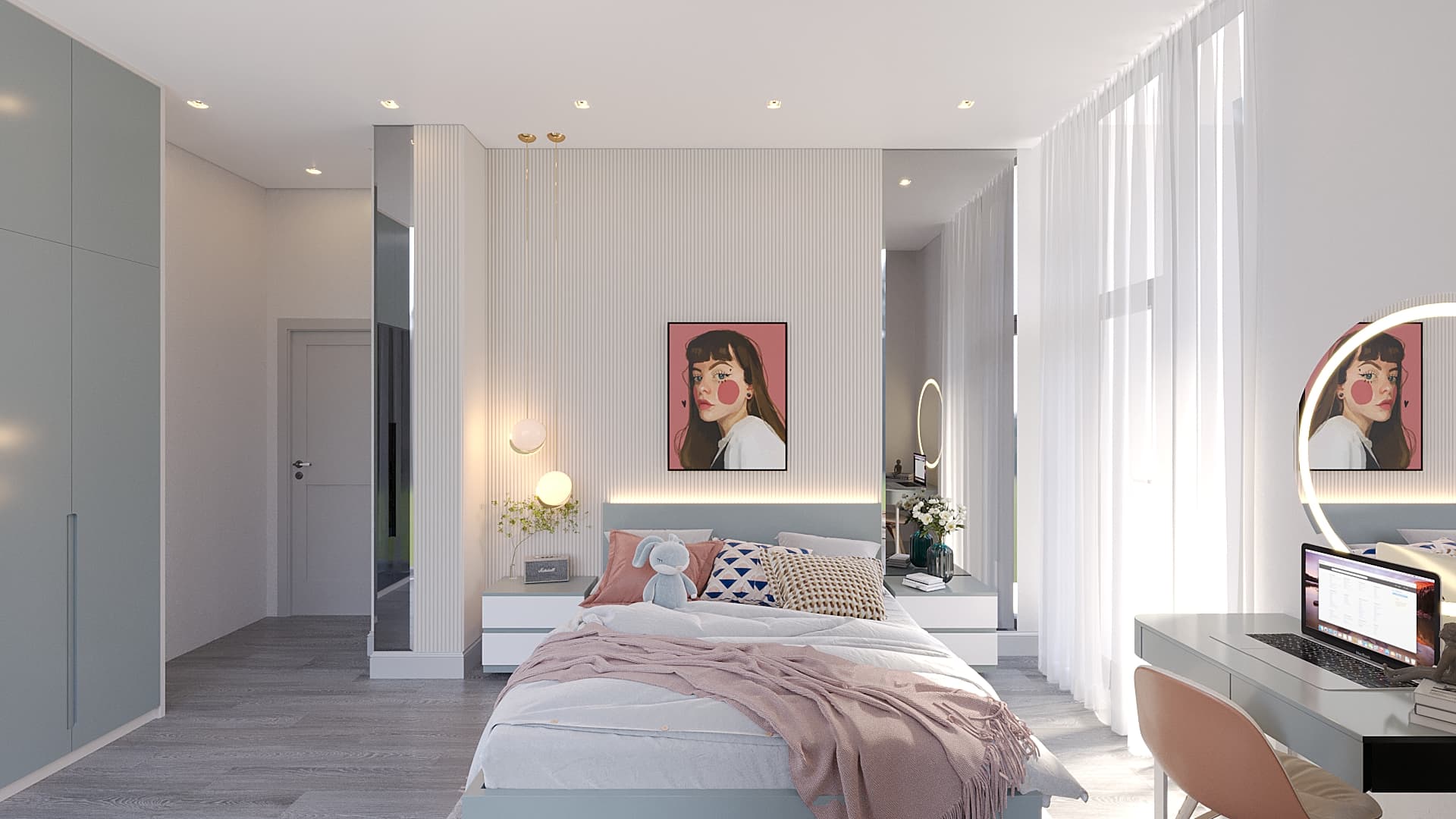 Girl's bedroom with pink pop-art portrait, slatted headboard, and globe sconces
