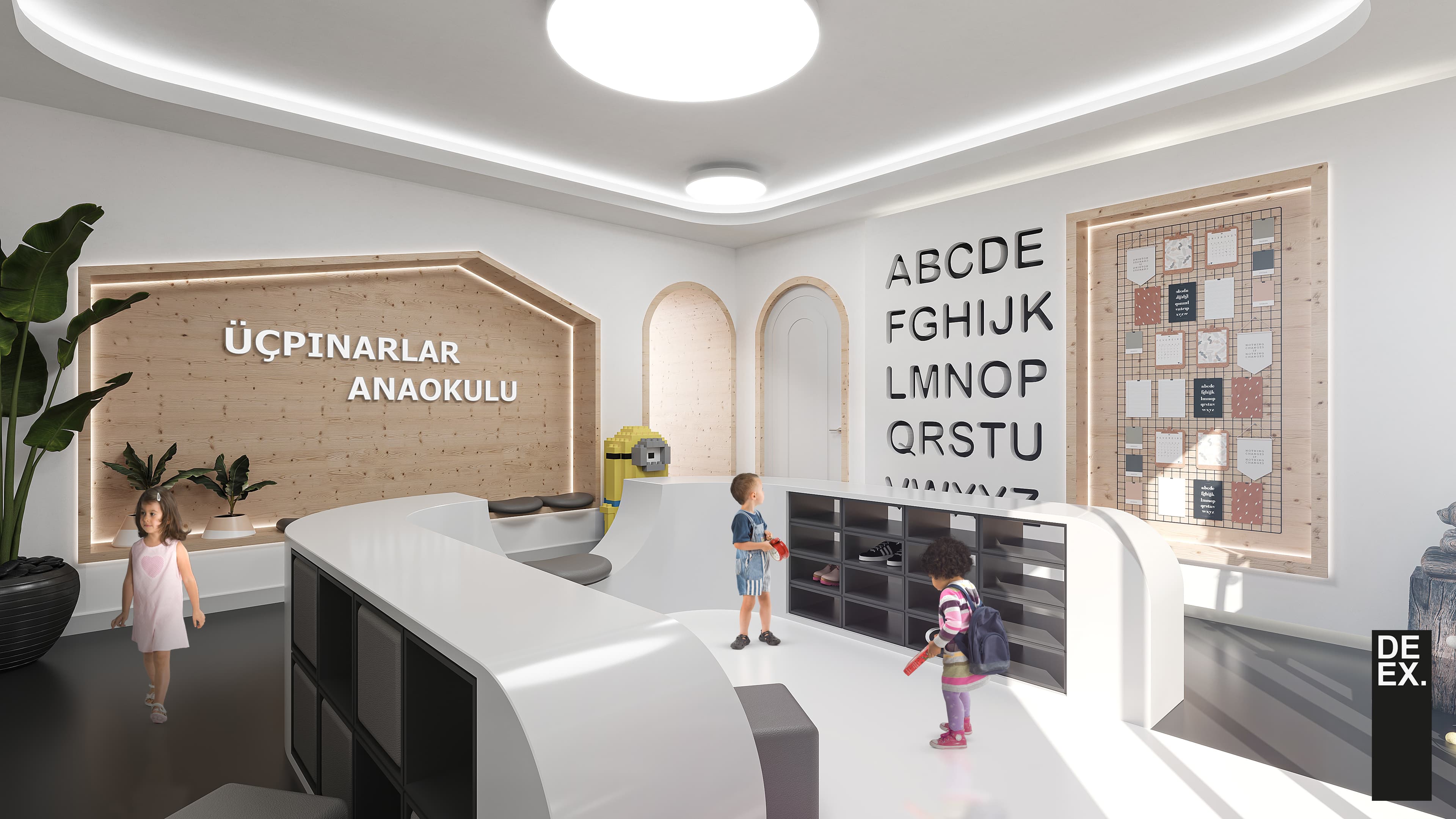 Kindergarten interior render showing cubbies, alphabet wall, and pin board