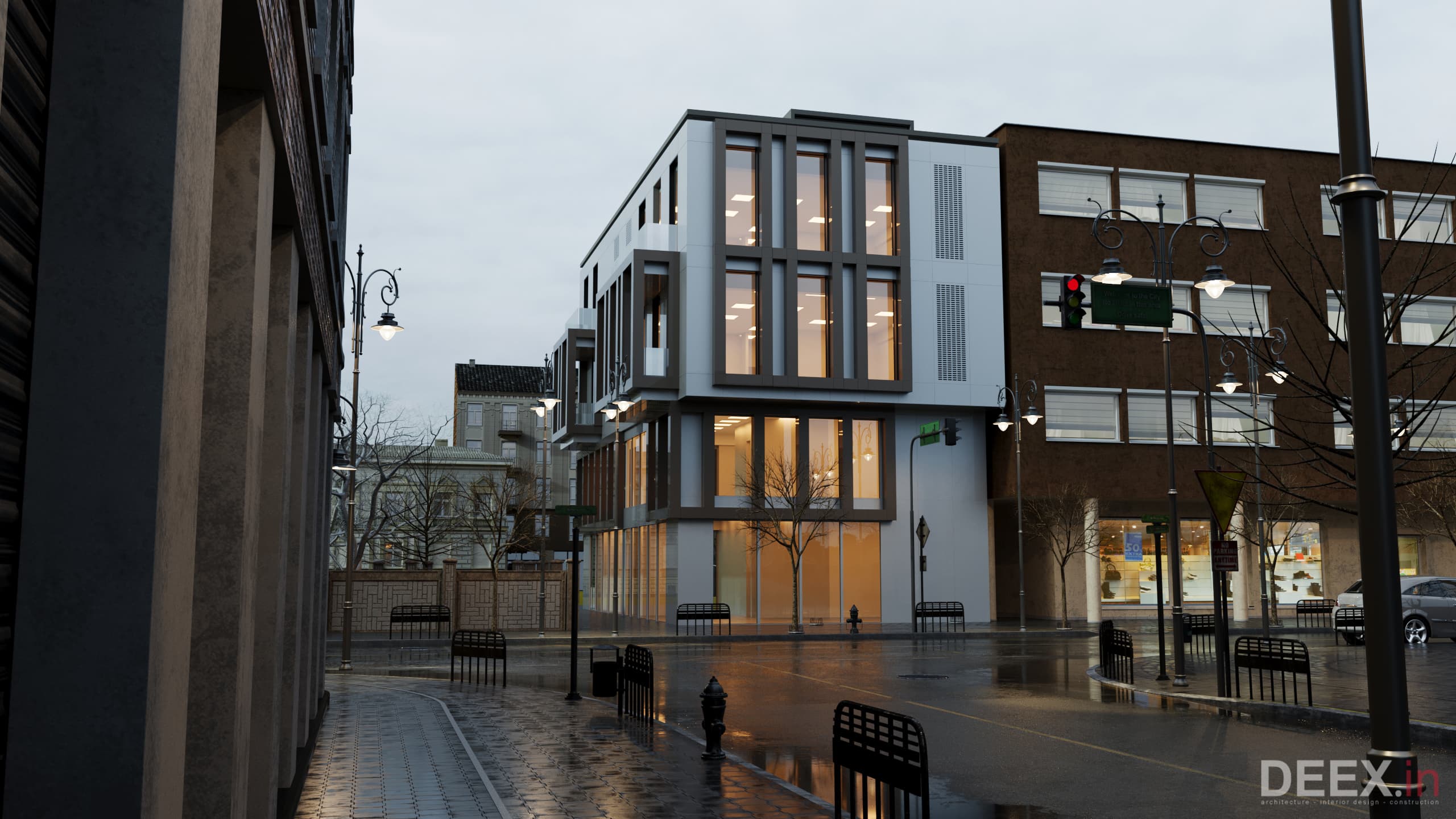 Second street view of the business center with layered grey facade volumes