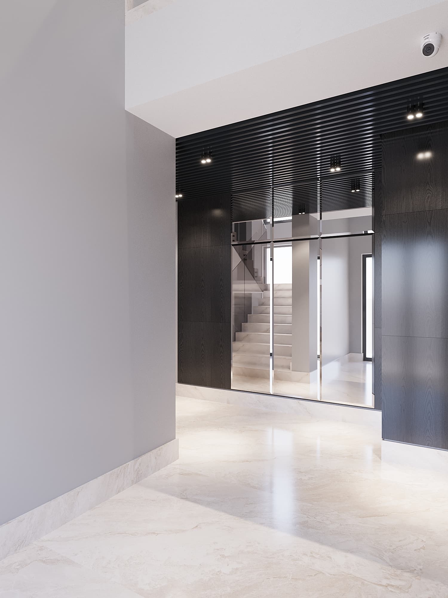 Interior workspace with dark timber panels, anthracite ceiling, and marble floor