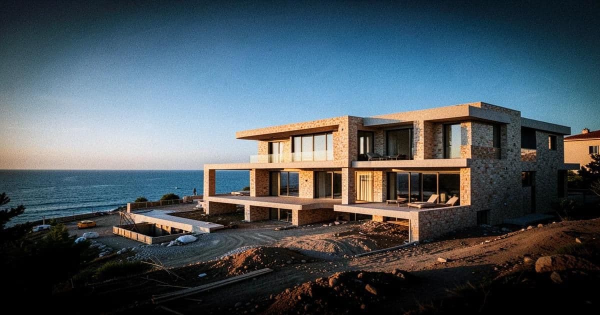 Modern villa under construction on Turkey's Aegean coast with sea views and stone facade