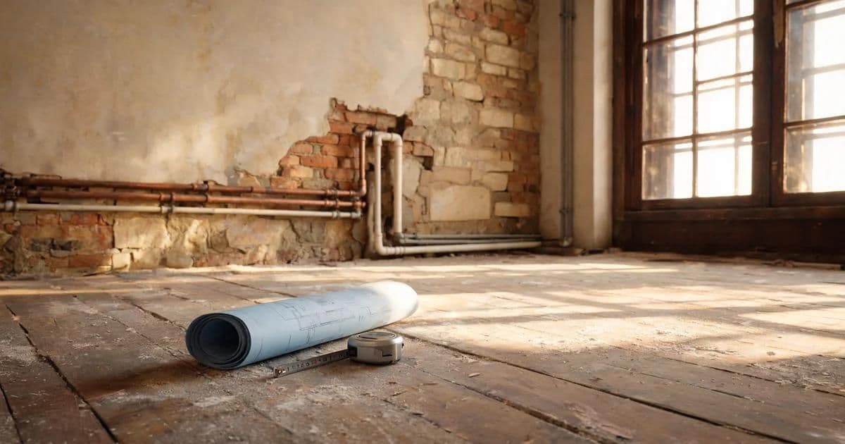 Apartment renovation Istanbul — stripped-back interior mid-renovation, bare masonry and exposed pipework