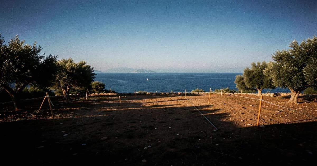 Aerial view of buildable land plot in Turkey with coastal landscape and surveying markers